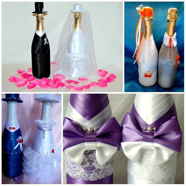 Оформление бутылок шампанского на свадьбу в виде жениха и невесты