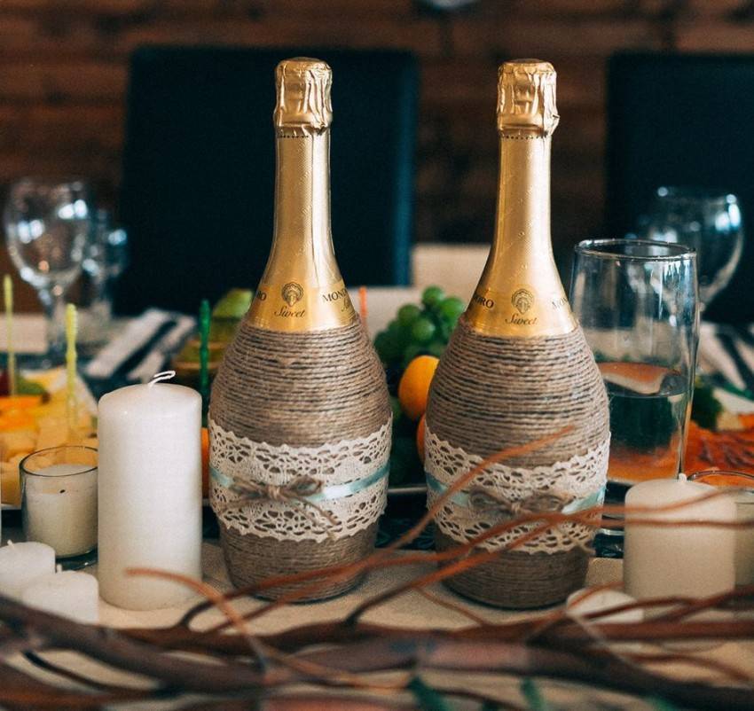 Оформление бутылок на свадьбу: декор шампанского своими руками