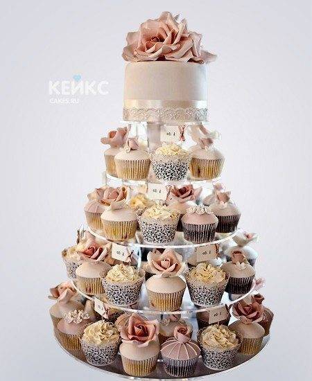 Свадебный торт с капкейками (28 фото): десерт на свадьбу с пирожными в виде сердца на подставке