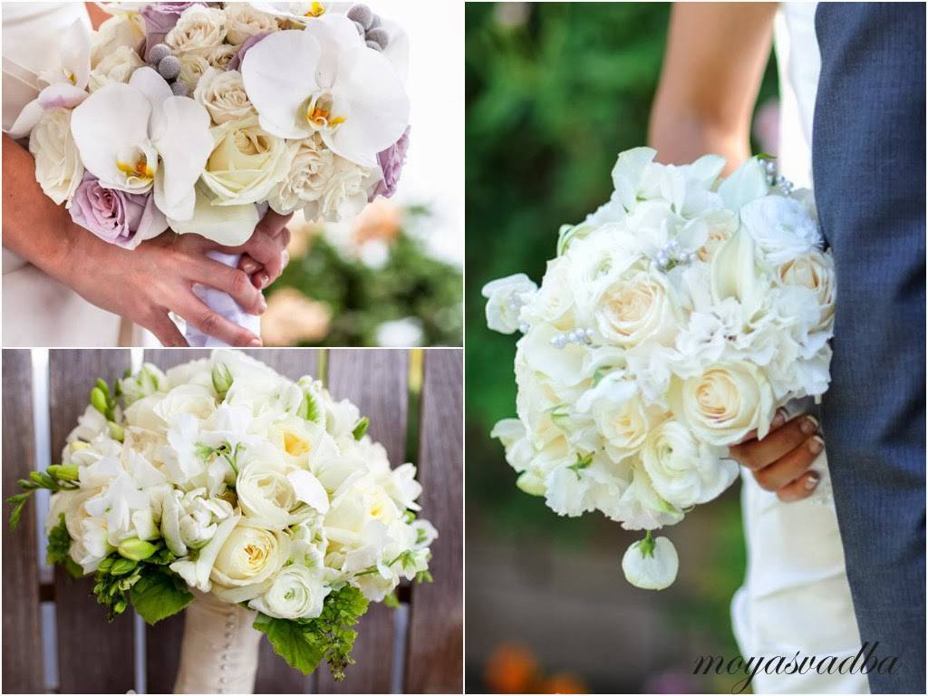 Сочетание цветов букета невесты и свадебного платья: фото и полезные советы