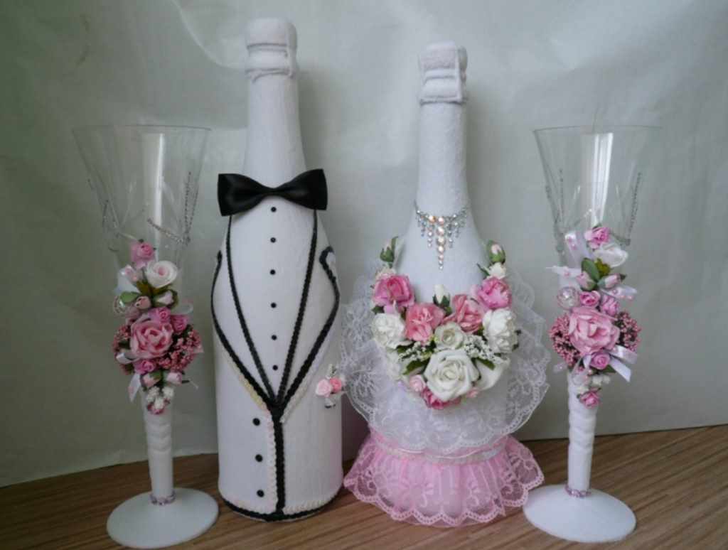 Как украсить бокалы на свадьбу? фото идеи декора свадебных бокалов жениха и невесты