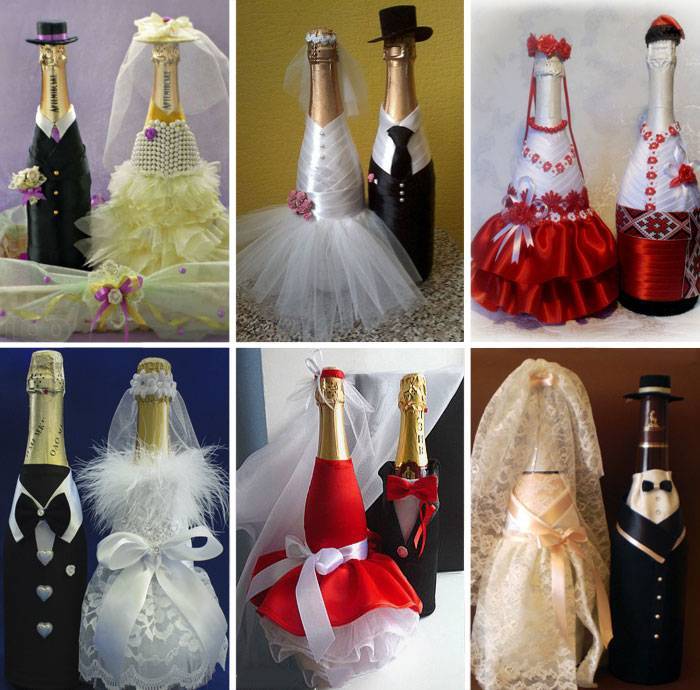 Бутылки на свадьбу своими руками  жених и невеста, идеи по украшению с лентами